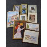 A box containing assorted framed pictures : watercolours, oils on board, pastel drawings,