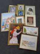 A box containing assorted framed pictures : watercolours, oils on board, pastel drawings,