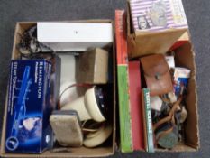 Two boxes of vintage electricals including hair curlers, health lamp, shavers,