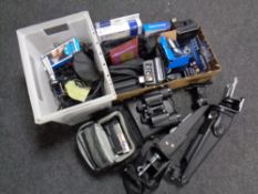 A box and a crate containing assorted wires, cameras, Garmin satnav, digital camera, Co.