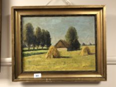 Continental school : Haystacks, oil on canvas, 39 cm x 29 cm.