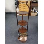 A 19th century copper kettle together with an inlaid mahogany three-tier folding cake stand