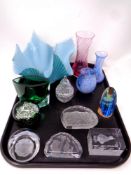 A tray of contemporary clear and coloured glass paperweights, Caithness vases,