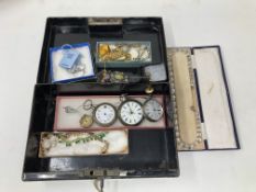 A vintage cash tin containing 9ct gold cased lady's vintage watch face, two silver pocket watch,