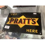 An enameled tin advertising sign : Get Pratt's Here 28 cm x 19 cm