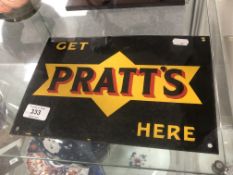 An enameled tin advertising sign : Get Pratt's Here 28 cm x 19 cm