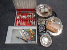 A box containing a cased canteen of cutlery, boxed set of cutlery, assorted plated wares,