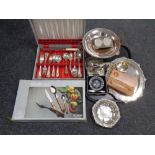A box containing a cased canteen of cutlery, boxed set of cutlery, assorted plated wares,