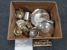 A box containing a large quantity of plated wares to include napkin rings, tea ware,