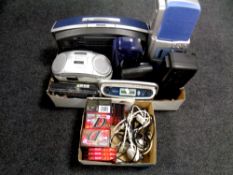 Three boxes containing assorted electricals including Roberts radio,