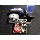 Three boxes containing assorted electricals including Roberts radio,