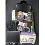Two boxes containing miscellaneous electricals, components, wiring, toner cartridges,