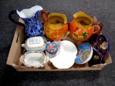 A box containing 19th century and later porcelain including Imari twin handled bowl,