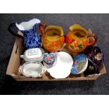 A box containing 19th century and later porcelain including Imari twin handled bowl,