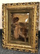 A crystoleum of a Lady Holding a Parasol Standing Next to a Bench, 25 cm x 16 cm, framed.