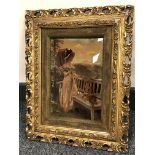 A crystoleum of a Lady Holding a Parasol Standing Next to a Bench, 25 cm x 16 cm, framed.