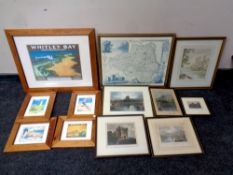 A box containing assorted framed pictures and prints to include five pine framed Whitley Bay