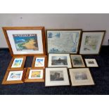 A box containing assorted framed pictures and prints to include five pine framed Whitley Bay