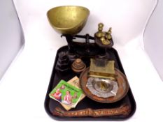 A tray containing antique Fairbank scales and brass weights, ration book,
