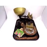 A tray containing antique Fairbank scales and brass weights, ration book,