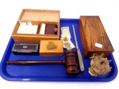 A tray containing rosewood auctioneer's gavel, dominoes in box, Victorian papier maché box,