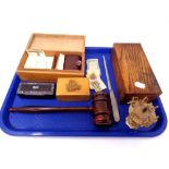 A tray containing rosewood auctioneer's gavel, dominoes in box, Victorian papier maché box,