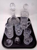 A tray containing assorted glassware to include lead crystal whiskey decanter, ships decanter,