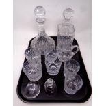 A tray containing assorted glassware to include lead crystal whiskey decanter, ships decanter,