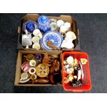 Two boxes and a crate containing a quantity of Ringtons blue and white china, wooden ornaments,