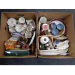 Two boxes containing miscellaneous ceramics to include Denby tea ware, Ringtons wall plates,