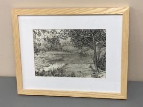 David Belilios : River, pen and inks, signed, 27 cm x 19 cm.