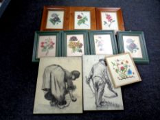 A box of pictures and prints including still lifes, portraits,