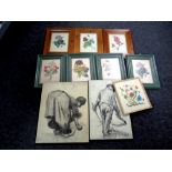 A box of pictures and prints including still lifes, portraits,