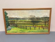 David Belilios : Farm landscape, oil on board, signed, 85 cm x 44 cm.