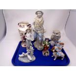 A tray containing Masons Blue Mandalay vase, Nao and other continental figures including Owl,