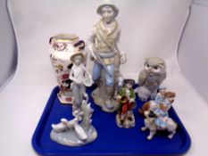 A tray containing Masons Blue Mandalay vase, Nao and other continental figures including Owl,