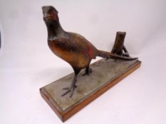 A cold painted metal figure of a pheasant mounted on wooden plinth