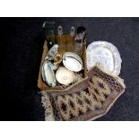 A box containing antique and later ceramics, glassware, claret jug,