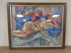 A 20th century abstract oil painting of a female nude reclining,
