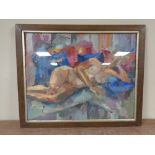 A 20th century abstract oil painting of a female nude reclining,