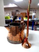 A Victorian copper watering can together with a copper and brass hunting horn
