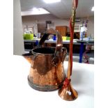 A Victorian copper watering can together with a copper and brass hunting horn