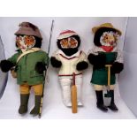 A set of three character owl figures : Cricketer, gardener and fisherman,
