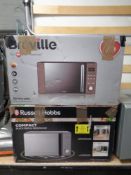 Two boxed microwaves by Russell Hobbs and Breville