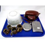 A tray containing Paragon pottery jelly mould, brass measures,