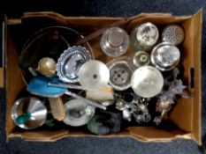 A box containing miscellaneous metal ware to include antique and later plated wares,