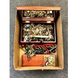 A box of mainly costume jewellery, cuff links, bead necklaces,