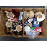 Two boxes containing miscellanea to include Disney mugs, pair of Edwardian pottery vases,