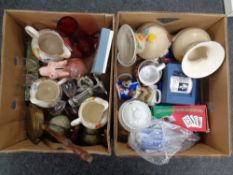 Two boxes containing miscellanea to include Disney mugs, pair of Edwardian pottery vases,