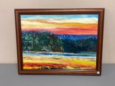 David Belilios : Sunset forest, oil, signed, 39 cm x 29 cm.